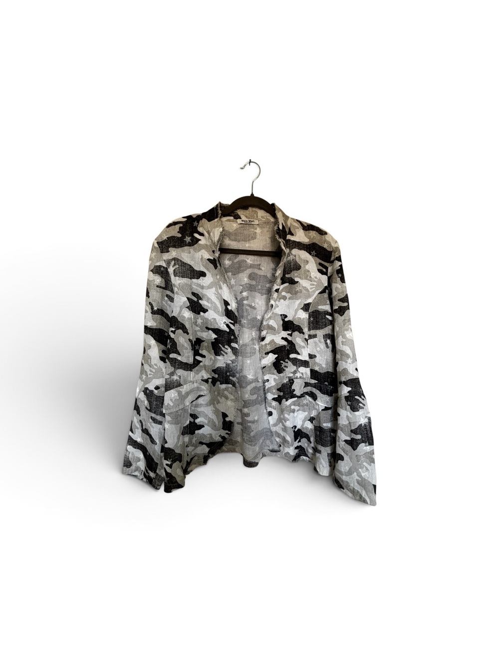 Meo Meli Linen Gray Camo Fringed Open-Front lightweight Jacket